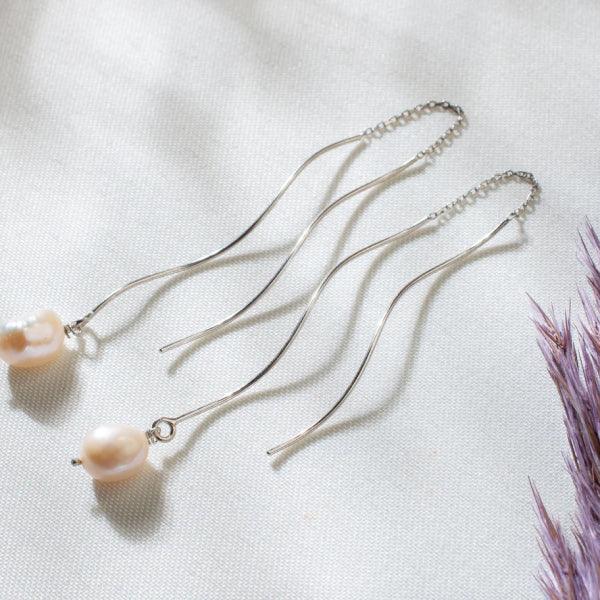 Pearl Spiral Earrings • Pearl Threader Earrings • Pearl Dangle Earring - Trending Silver Gifts